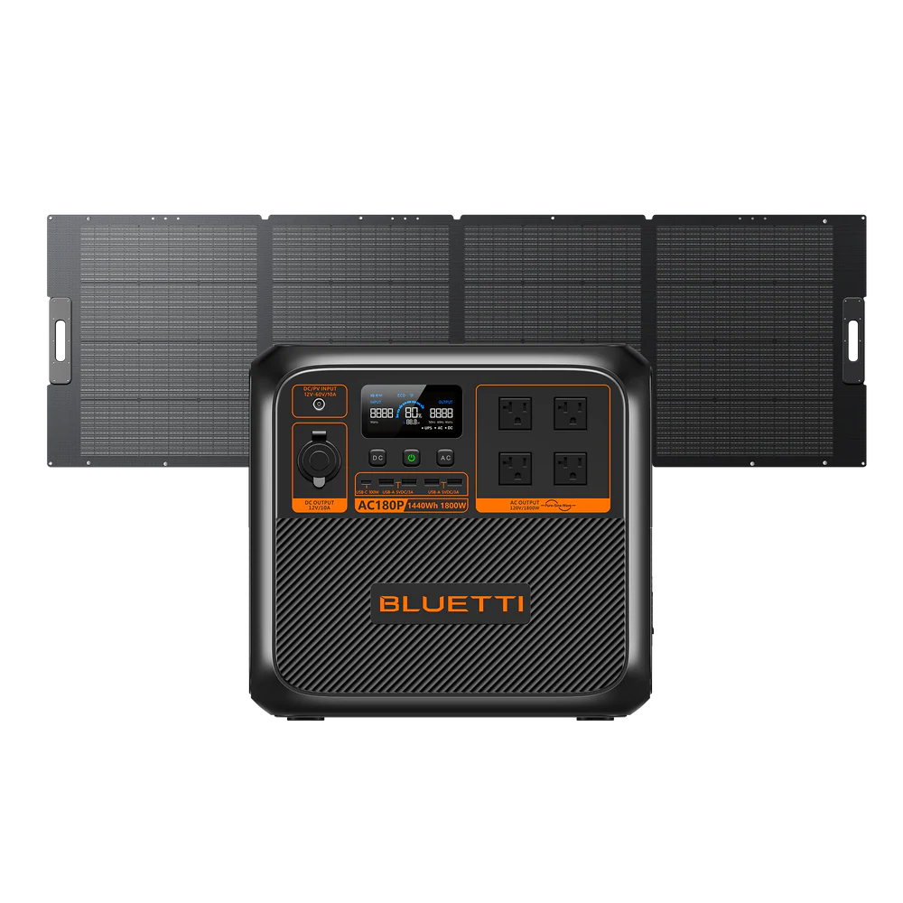 Everglow Tech BLUETTI AC180P Solar Portable Power Station/Solar Generator | 1,800W 1,440Wh AC180P+350W Solar | 1800W 1440Wh 350W Solar Kit