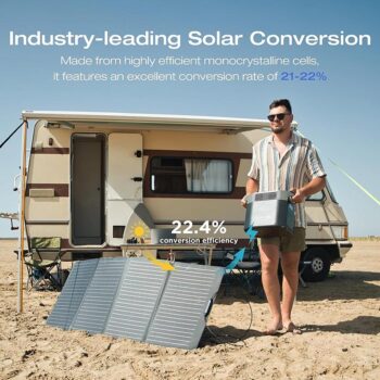 Man holding a solar panel with text about industry-leading solar conversion and efficiency on a desert background.