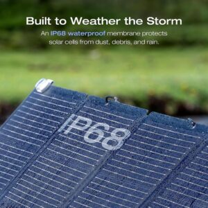 Solar panel with 'P68' marking, weather-resistant text overlay on a blurred outdoor background